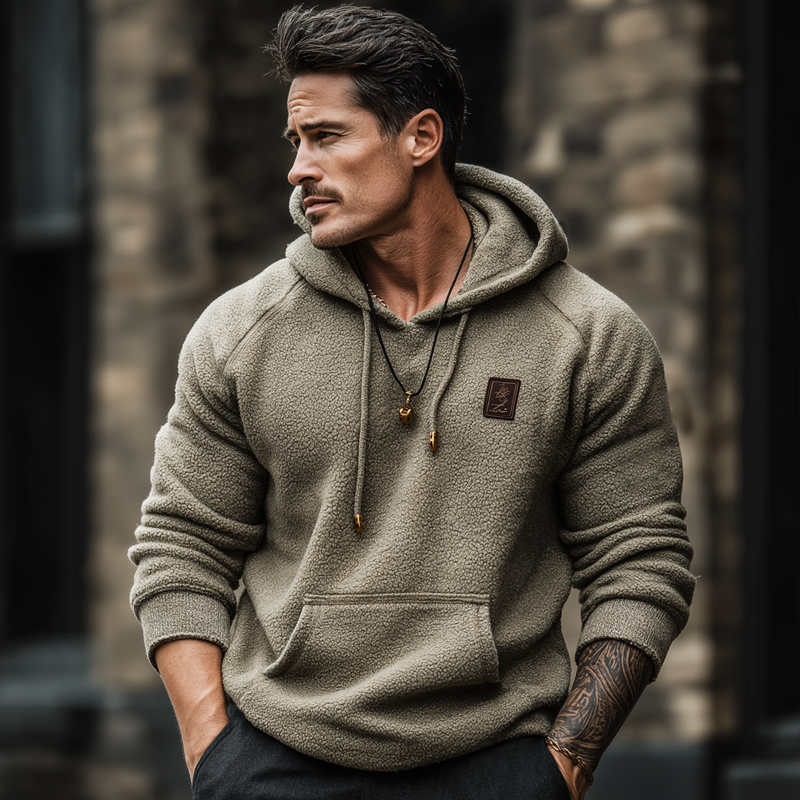 Men's Urban Casual Grey-green Fleece Hooded Sweatshirt MTA1559L6U