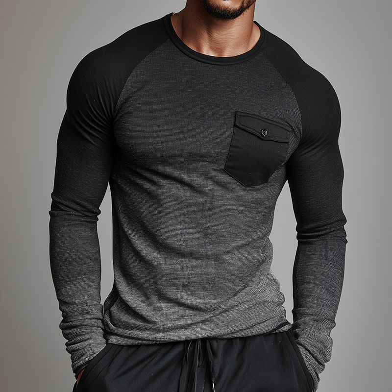 Men's Retro Casual Gradient Print Slim Pocket Round Neck Long Sleeve T-shirt MTA1372H8TO