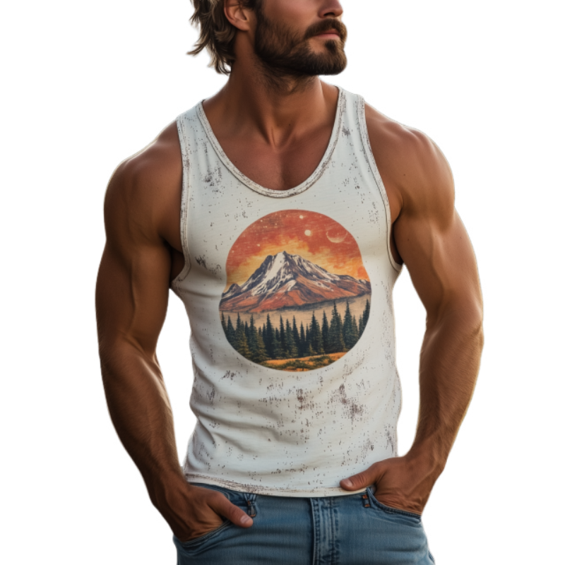 Men's American Retro Casual Yellowstone Park Series Printed Cotton Tank Top 91700452K