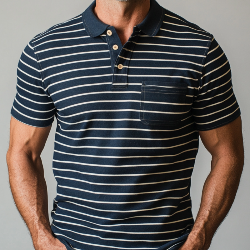 Men's Casual Cotton Striped Colorblock Lapel Patch Pocket Slim Fit Short Sleeve Polo Shirt MTA0981E5M