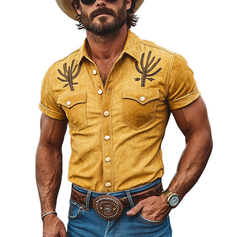Men's Spring And Summer Fashion Western Tough Style Thin Suede Shoulder Embroidery Slim Short-sleeved Pearl Snap Shirt  MTA1215F7K