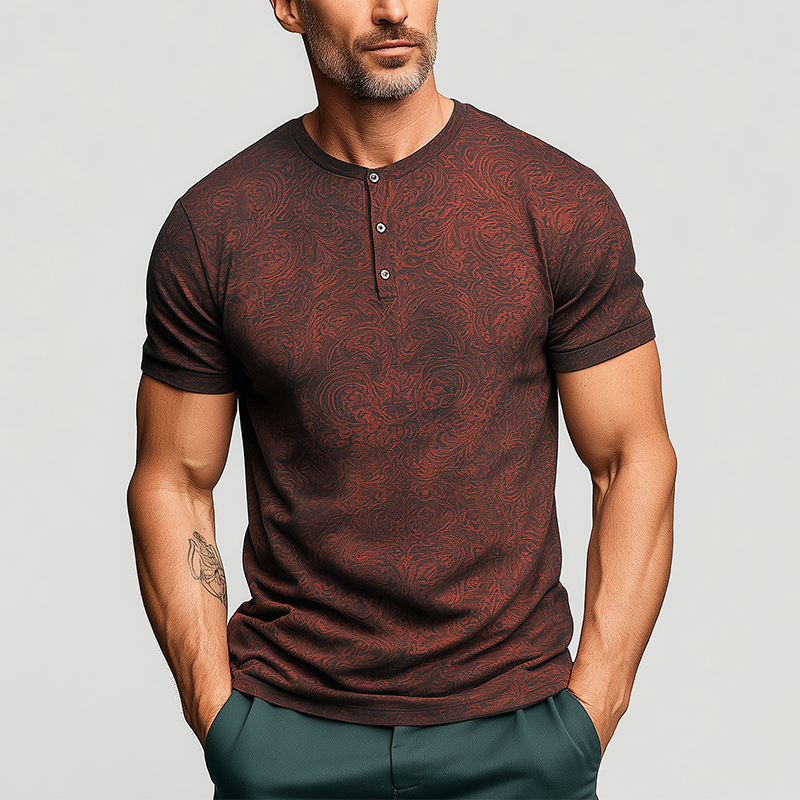 Men's Summer Fashion Personalized Printed Polyester Blended Short Sleeve Henley Shirt MTA1862F8P