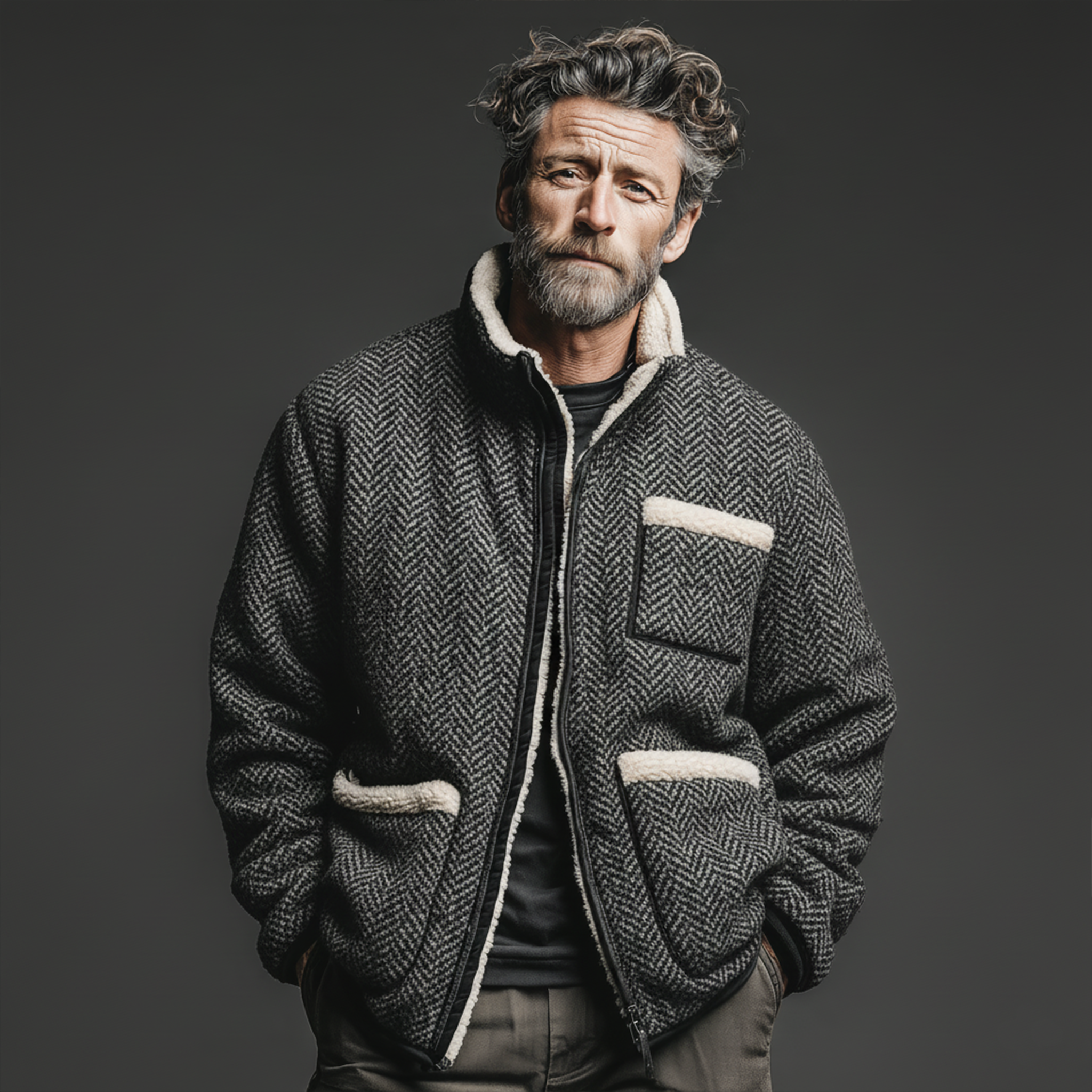 Men's Classic Casual Stand-up Collar Lambswool Lining Zipper Faux Herringbone Wool Jacket MTA2075J8K