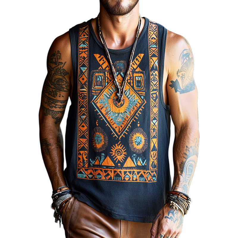 Men's Retro Casual Ethnic Style Geometric Print Round Neck Tank Top 25678966TO