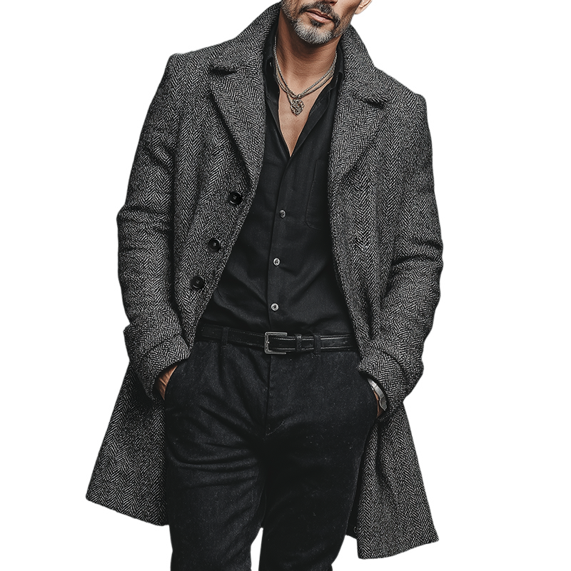 Men's Retro Casual Herringbone Single-Breasted Mid-Length Coat MTA1611I4TO