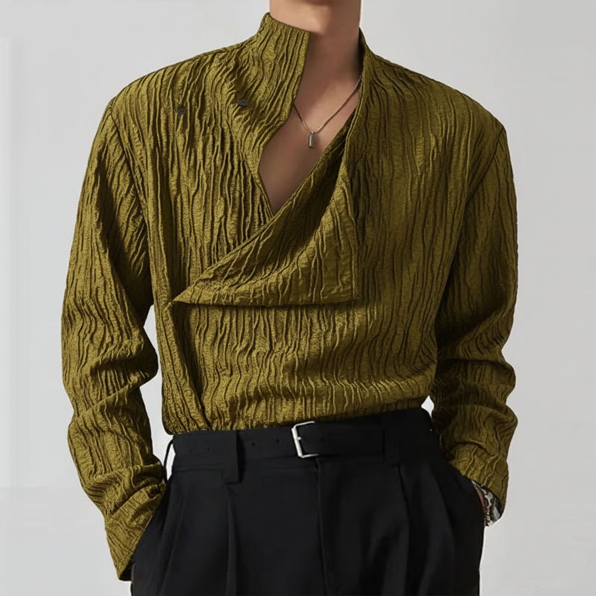 Men's Classic And Stylish Asymmetrical Design Wrinkled Blended Fabric Long-sleeved Shirt MTA3047L6K