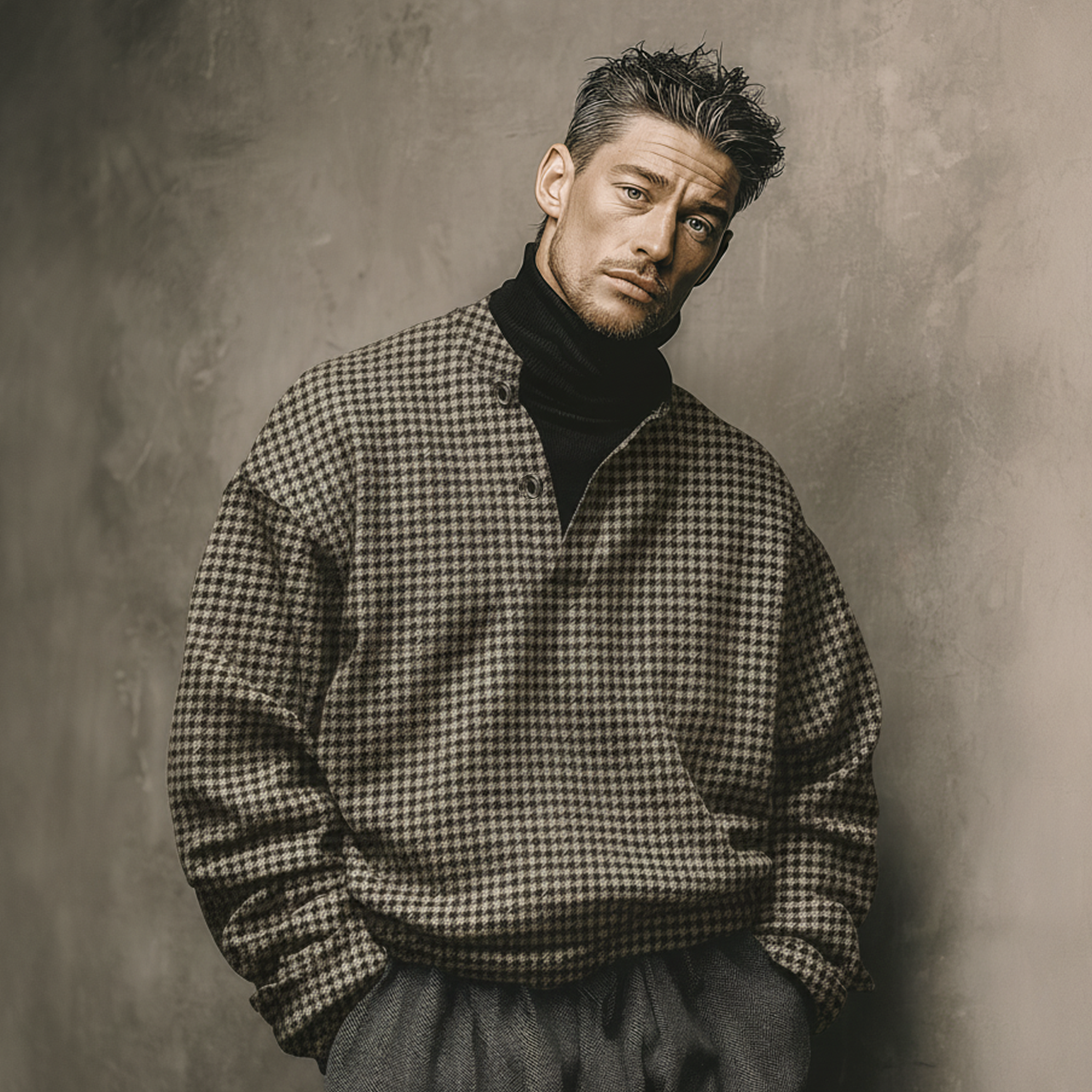 Men's Classic Casual Faux Houndstooth Wool Henley Collar Sweatshirt MTA1108K8K