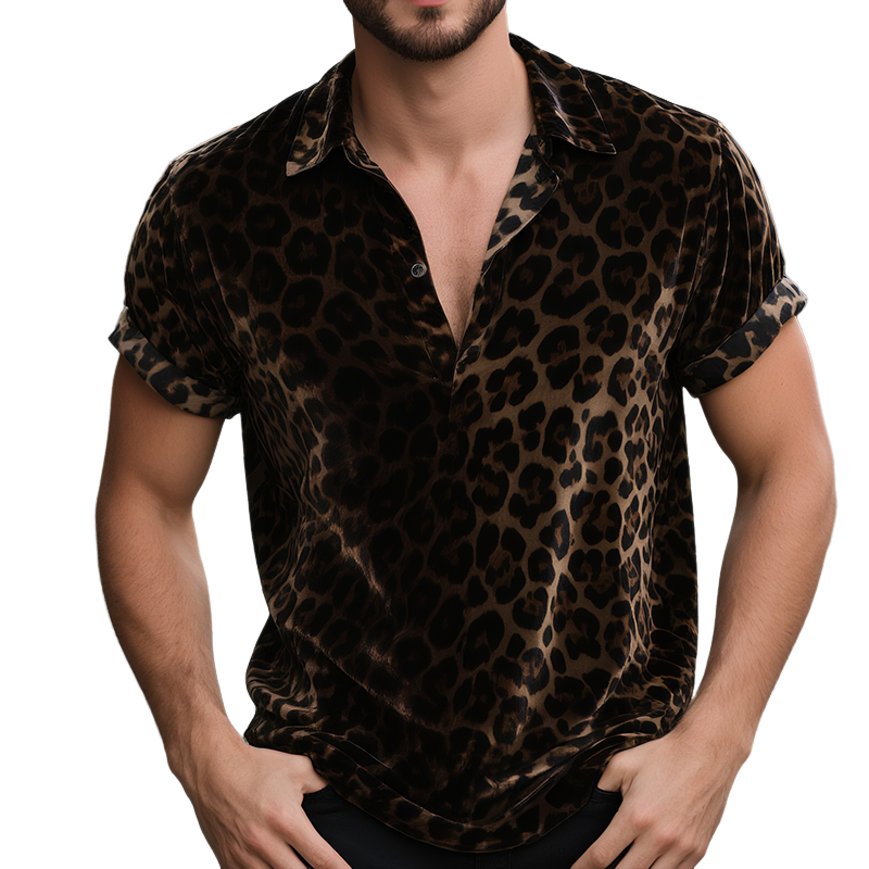 Men's Vintage Velvet Leopard Print Lapel Short Sleeve T-Shirt MTA0751G2TO