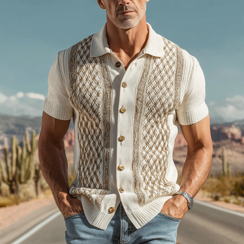 Men's Spring And Summer Fashion Casual Knitted Jacquard Short Sleeve Shirt MTA2067F6K