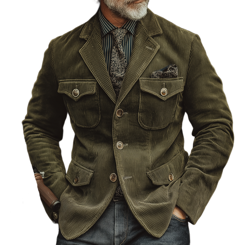 Men's Retro Casual Corduroy Lapel Multi-Pocket Jacket MTA2875J0TO