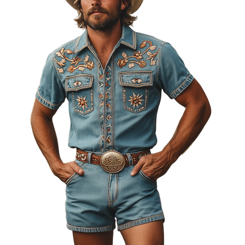 Men's Summer Retro Embroidered Denim Short Sleeve Shirt Shorts Set MTA2938D5U