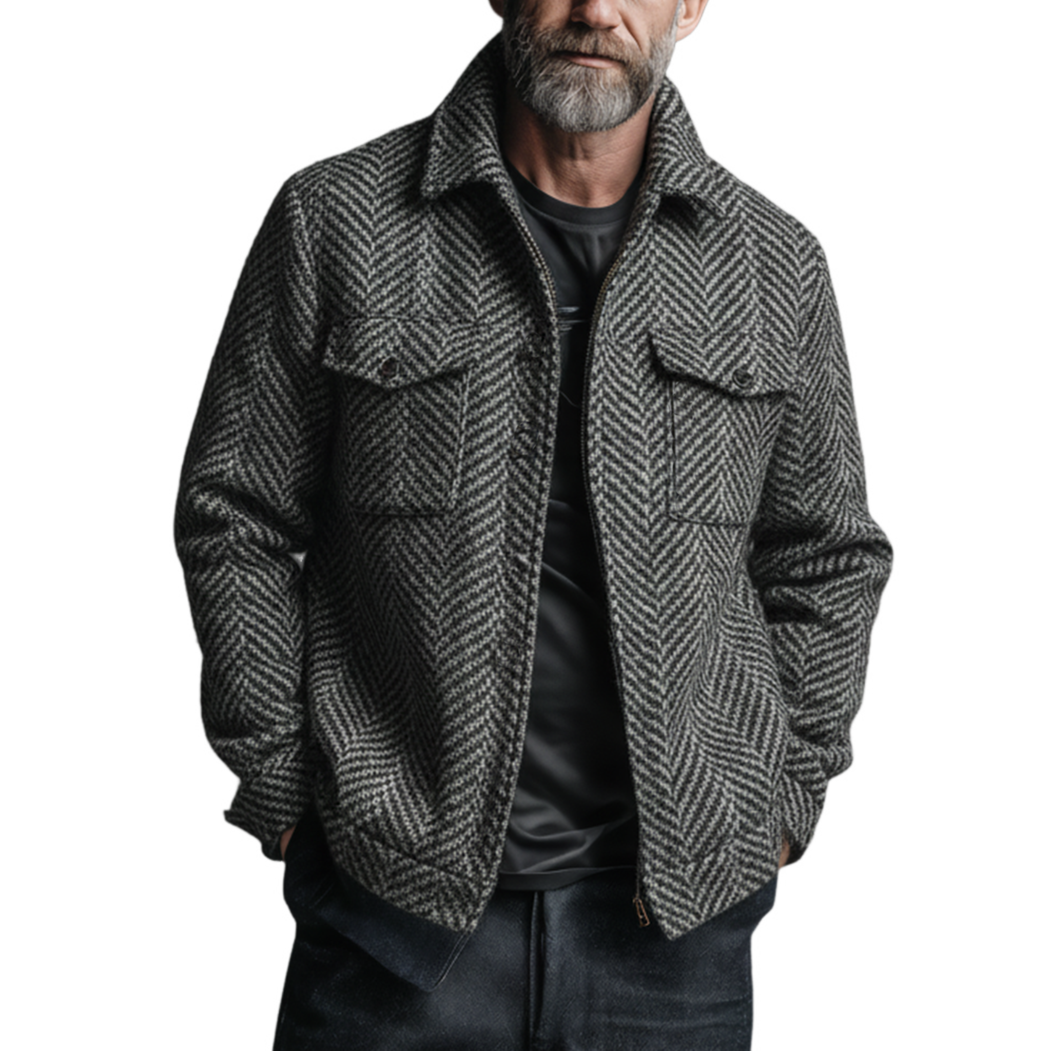 Men's Classic Casual Lapel Faux Herringbone Wool Zipper Jacket MTA1312J5K
