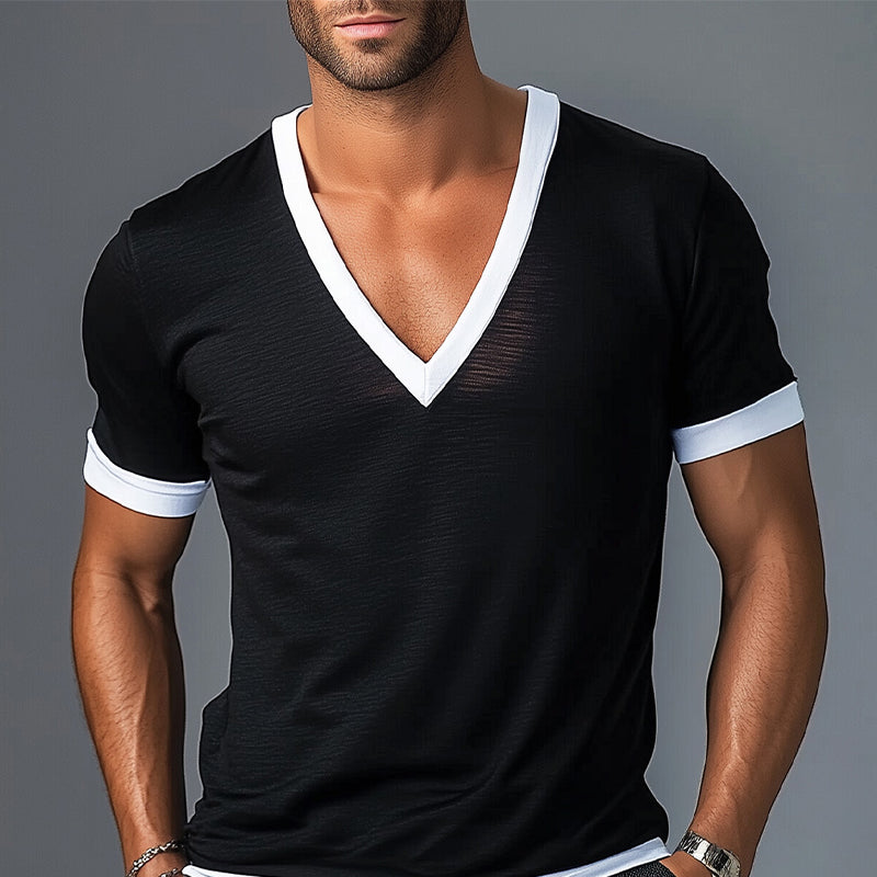 Men's Contrast V-Neck Basic Cotton Blend Short Sleeve T-Shirt MTA2917D2X