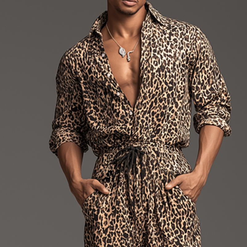 Men's Retro Casual Leopard Print Lapel Long Sleeve Shirt Jumpsuit MTA0421H8TO