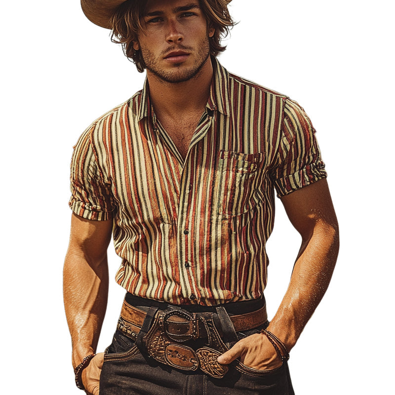 Men's Western Cowboy Striped Print Short Sleeve Shirt MTA1503E0X