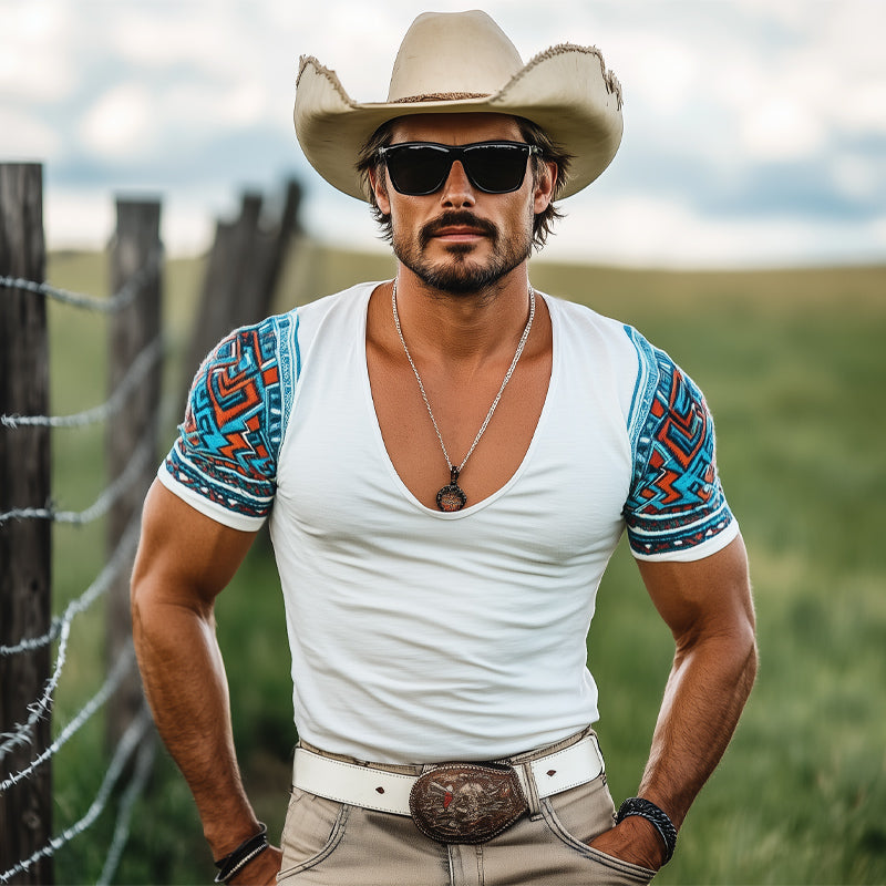 Men'S Deep V Neck Printed Short Sleeve T-Shirt MTA1250E0U