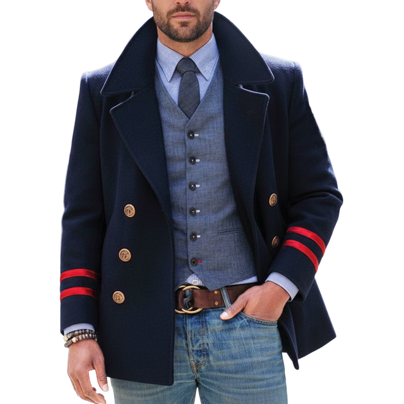 Men's Autumn And Winter Classic Navy Blue Double-breasted Short Coat MTA3011I9U