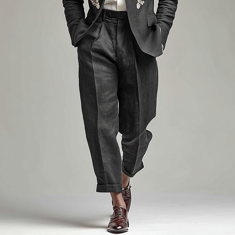 Men's Retro Casual Cotton Linen Embroidered Blazer Two-Piece Set MTZ0406B4TO