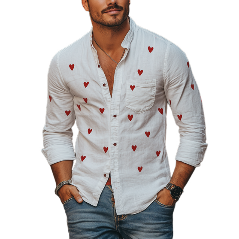 Men's Spring and Summer Casual Love Embroidery Cotton and Linen Long Sleeve Shirt 12656785K