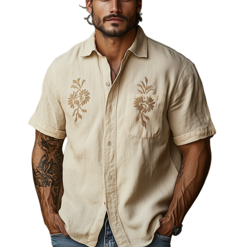 Men's Casual Khaki Tencel Vintage Embroidered Short-sleeved Shirt 42696162U