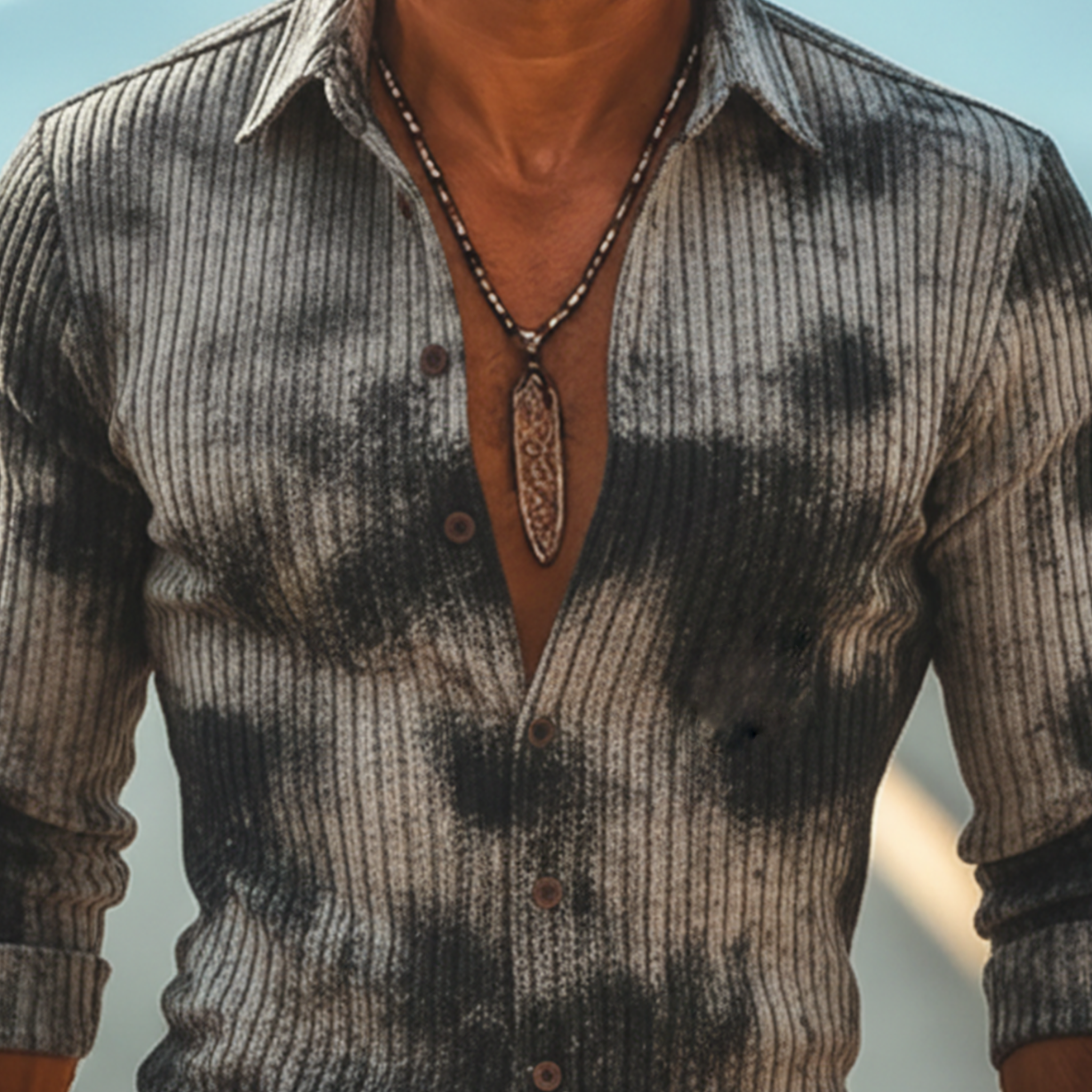 Men's Classic Retro Western Style Printed Ribbed Slim-fit Long-sleeved Shirt MTA0138L0K