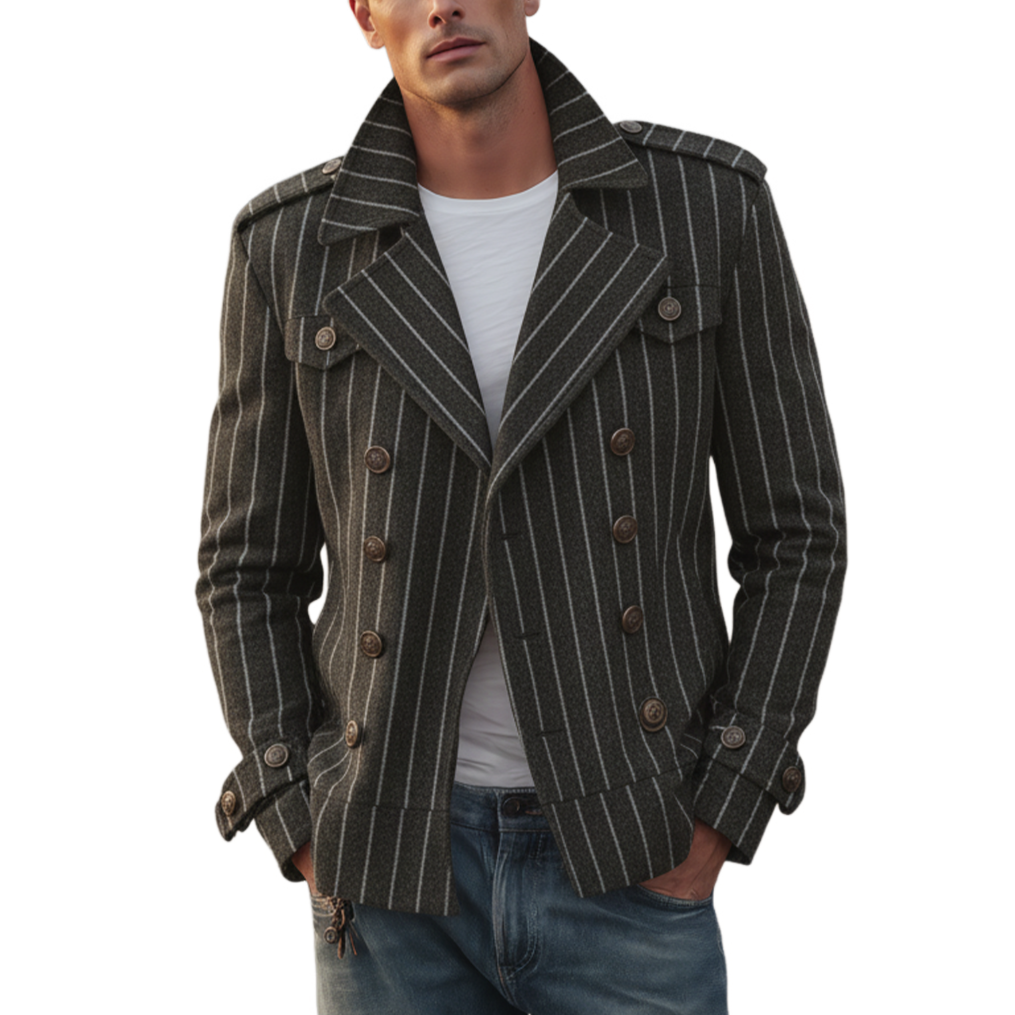Men's Classic Retro Lapel Vertical Striped Faux Wool Double-breasted Jacket MTA2875I2K