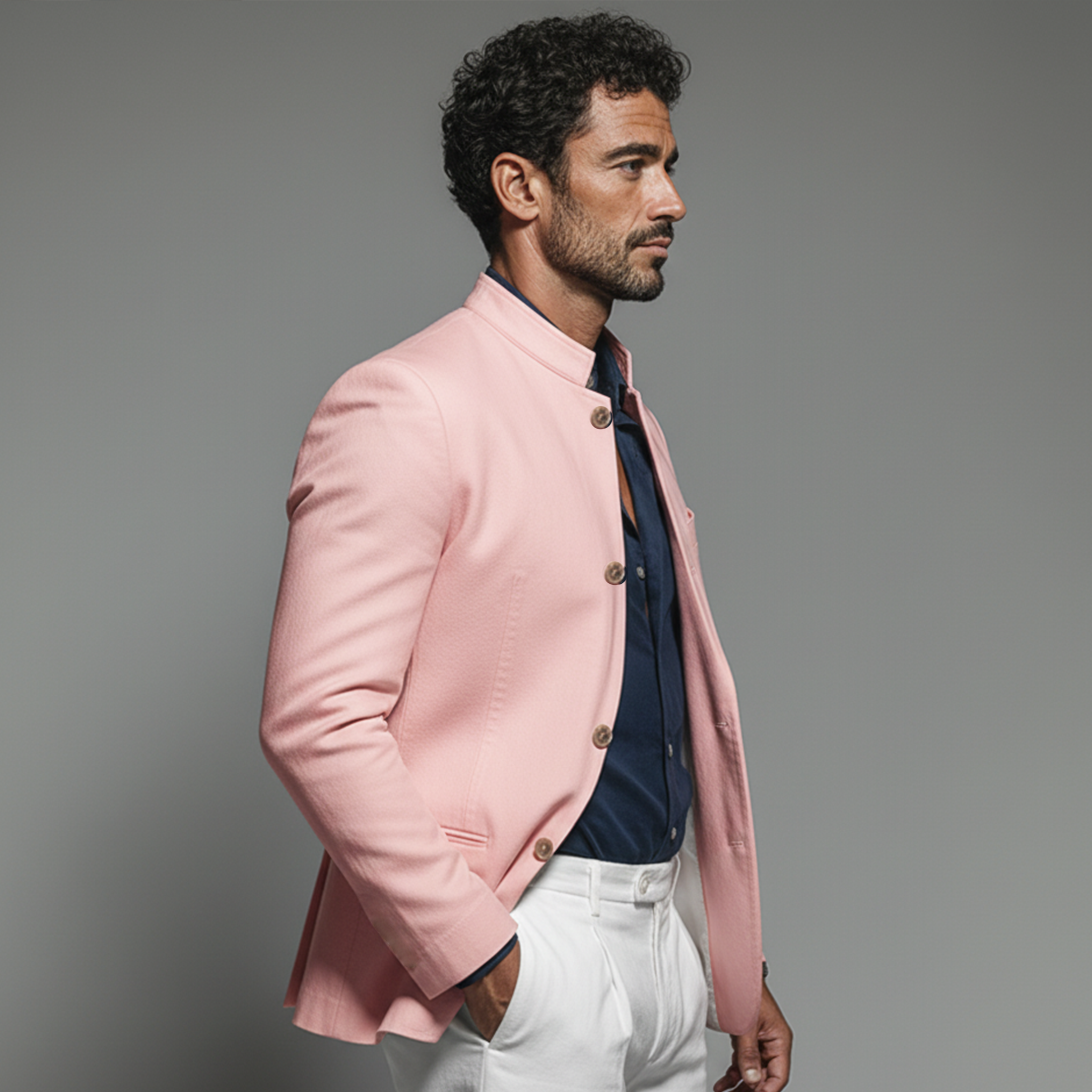 Men's Fashionable Casual Pink Twill Cotton Blend Stand Collar Jacket MTA0106L5K