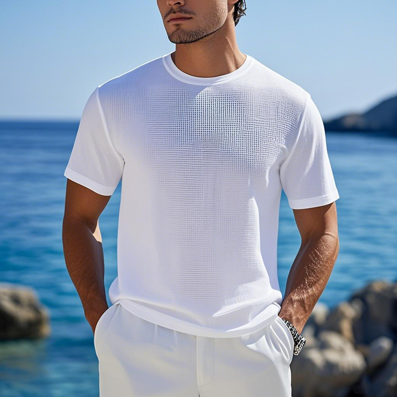 Men's Casual Cotton Blended Waffle Round Neck Loose Short Sleeve T-Shirt MTA0873E2M