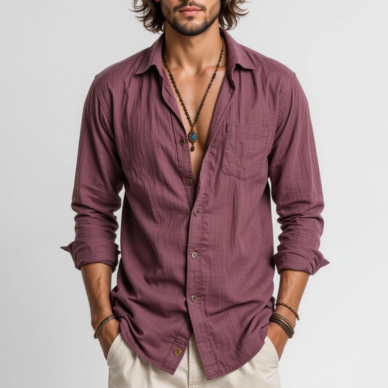 Men's Solid Lapel Long Sleeve Shirt MTA3062G4Z