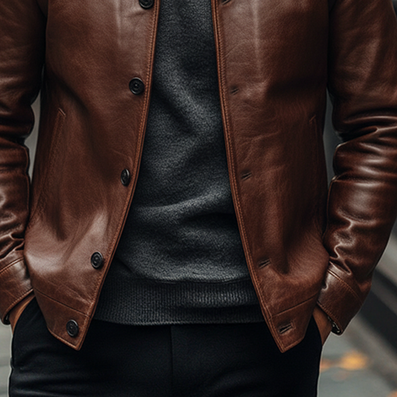 Men's Retro Solid Color Lapel Button PU Jacket MTA0510L8X