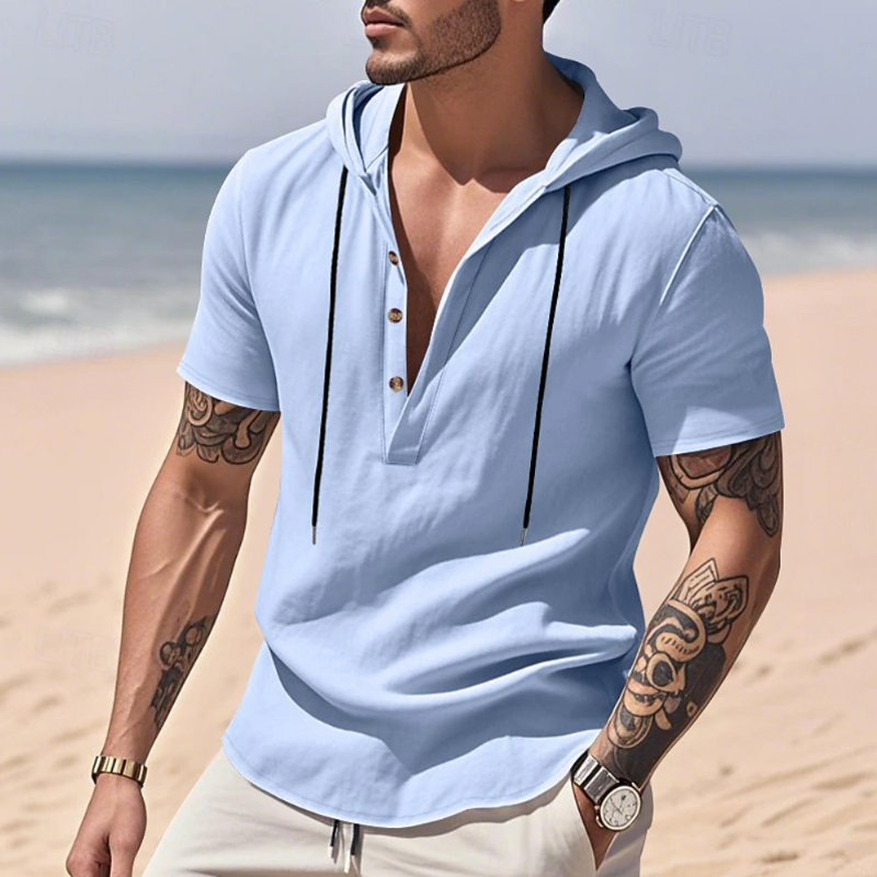Men's Casual Solid Color Breathable Cotton Henley Collar Hooded Slim Fit Short Sleeve T-Shirt MTA0630E7M