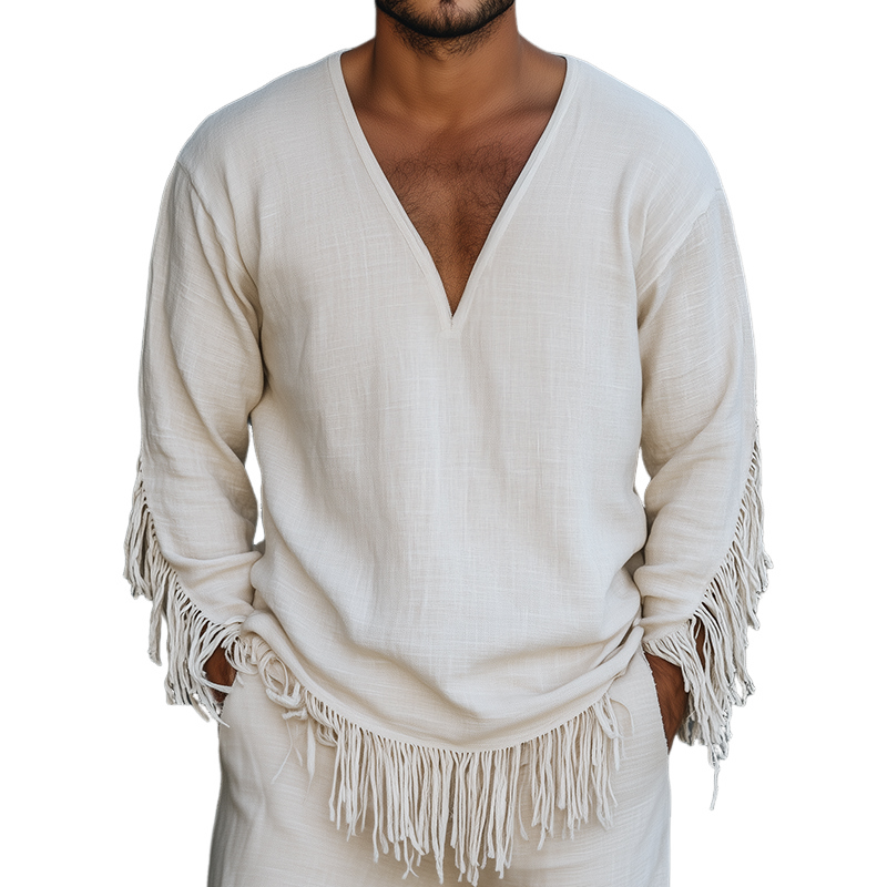 Men's Retro Tassel Casual Linen V-Neck Long Sleeve Shirt 25424192TO