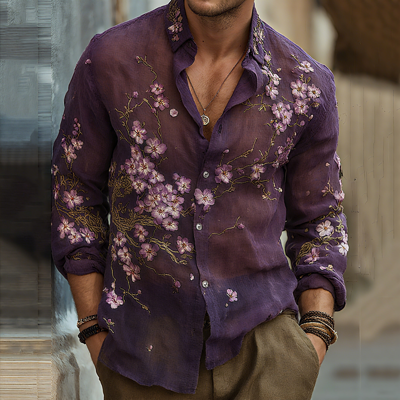 Men's Vintage Sakura Embroidered Lapel Long Sleeve Cotton And Linen Shirt MTA3110G9Z