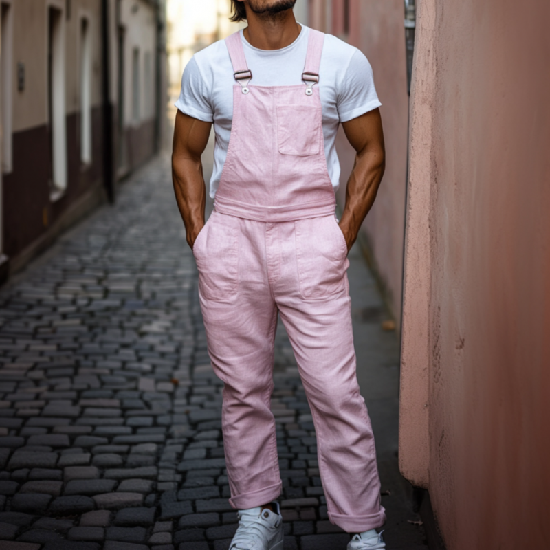Men's Casual Breathable Linen Solid Color Multi-Pocket Straight Trousers Jumpsuit MTA2716E8M