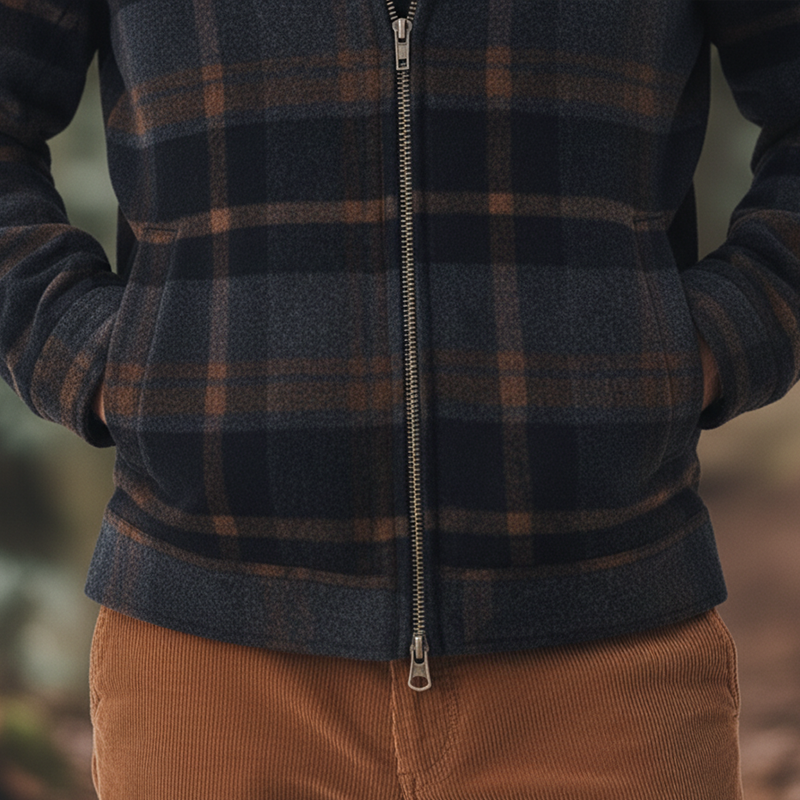 Men's Winter Retro Color-blocked Plaid Faux Wool Zip-up Jacket MTA1804K0P