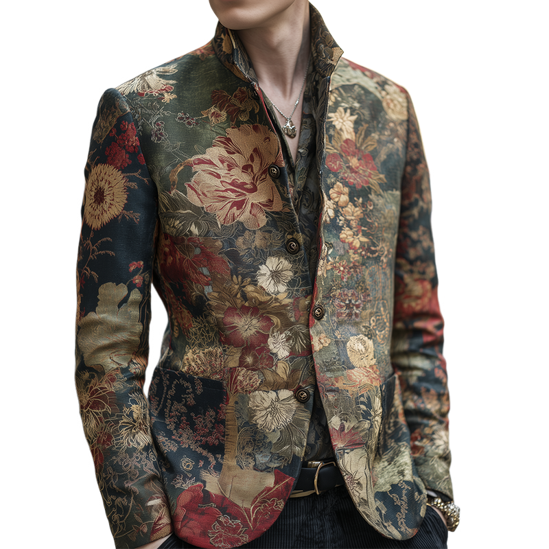 Men's Vintage Casual Floral Print Stand Collar Jacket  MTA0868H4TO