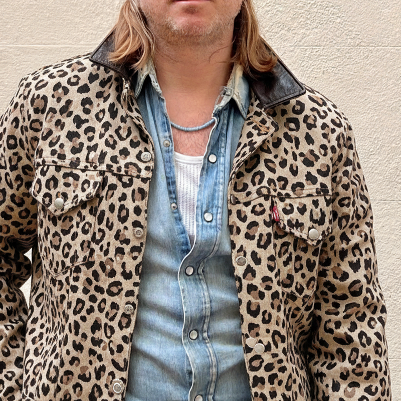 Men's Vintage Leopard Print Faux Suede With PU Lapel Jacket MTA2659I7X