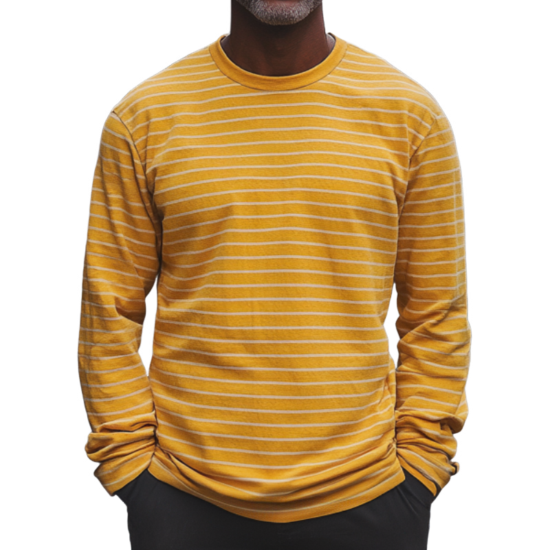 Men's Loose Striped Round Neck Long Sleeve T-Shirt 58338313F