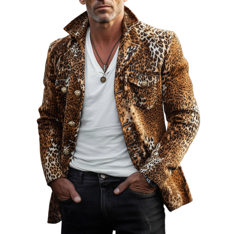 Men's Vintage Lapel Leopard Suede Button Short Coat MTA1415H3U