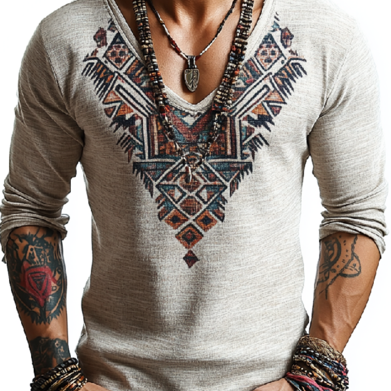 Men's Vintage V-Neck Cotton Printed Long Sleeve T-Shirt 90172145F