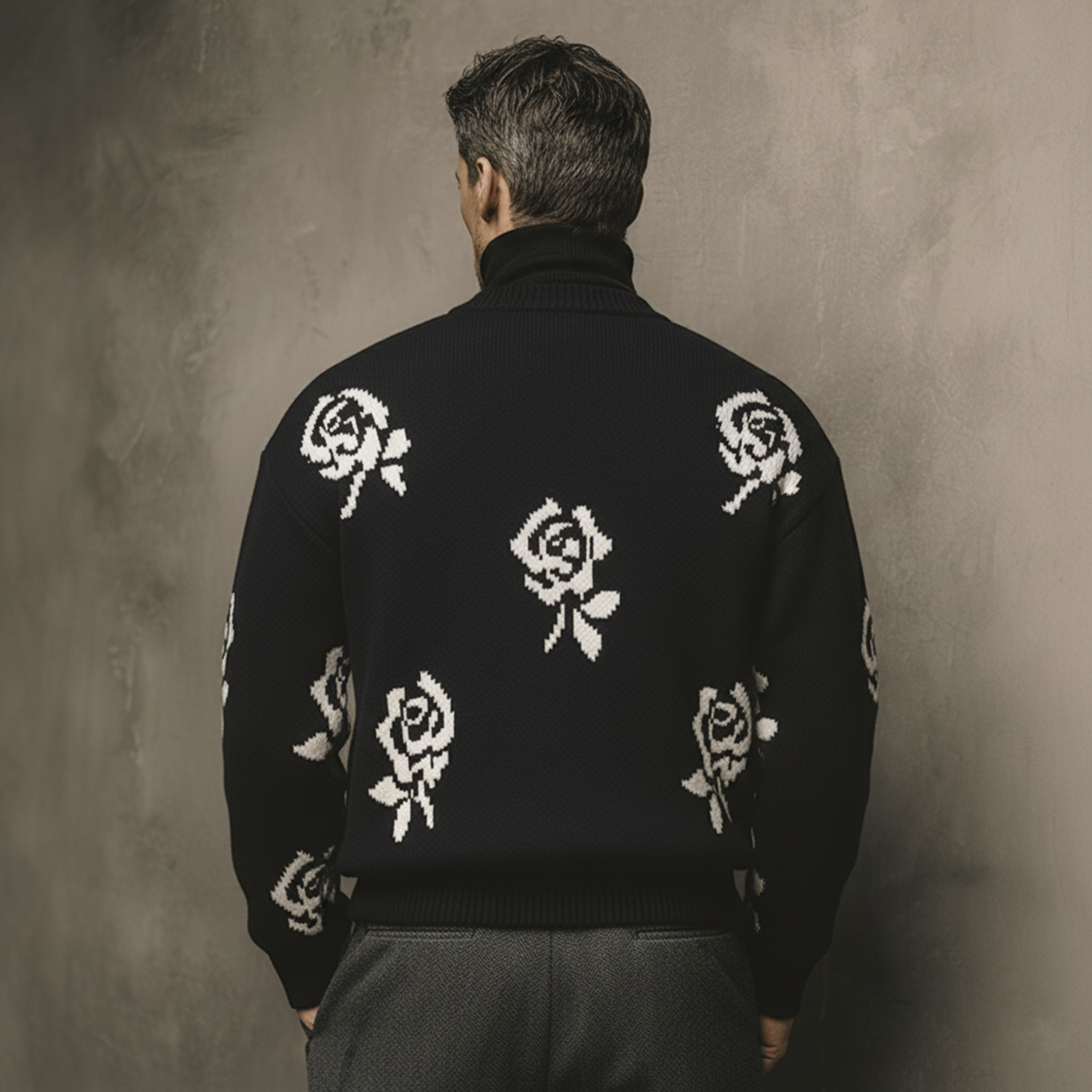 Men's Classic Old-money Style Henley Collar Rose Jacquard Loose Sweater MTA0642K3K