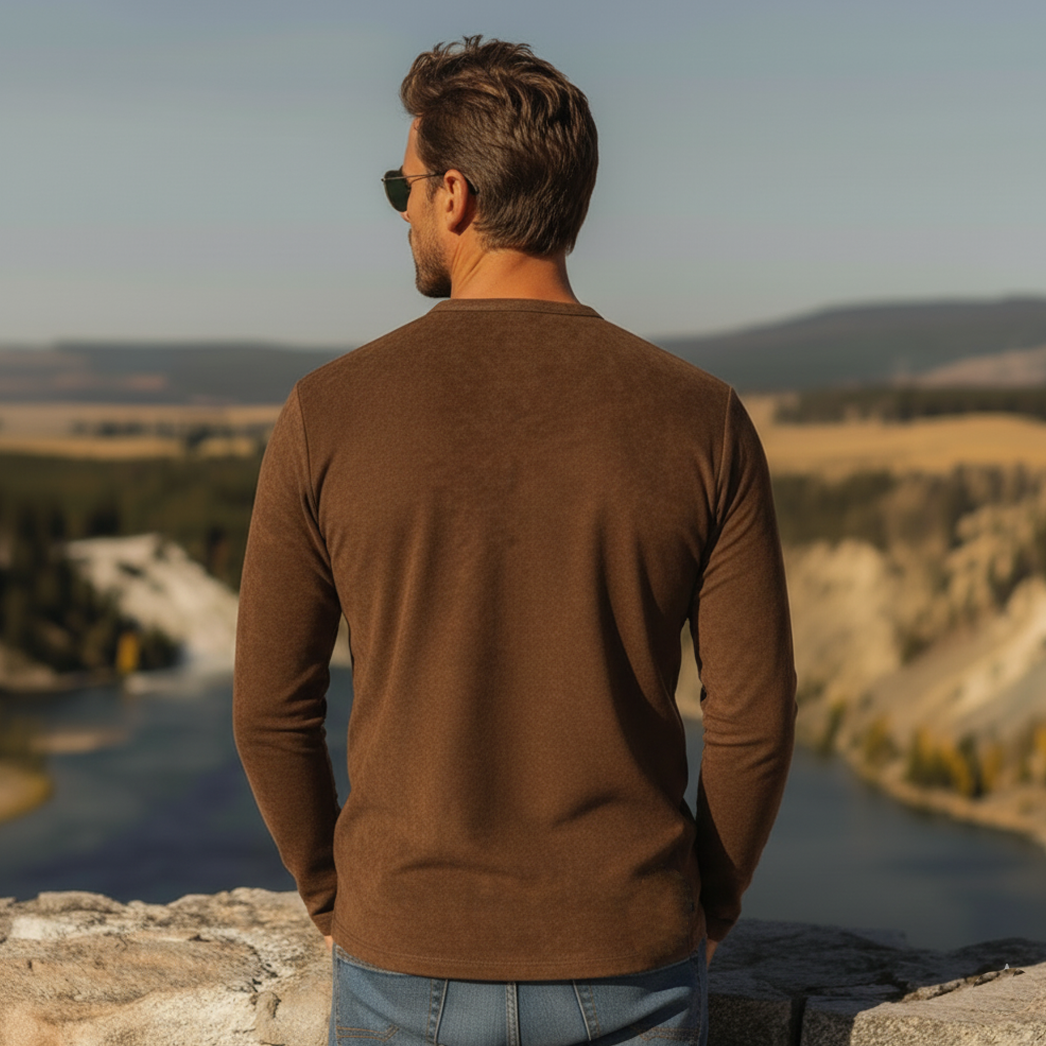 Men's Classic Casual PU Leather Henley Neck Faux Suede Long-Sleeved T-Shirt MTA2996L0K