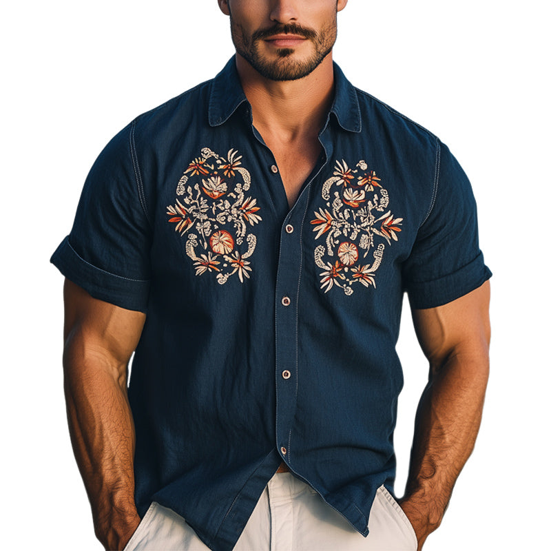 Men's Summer Retro Embroidered Lapel Short Sleeve Shirt MTA2243E8U
