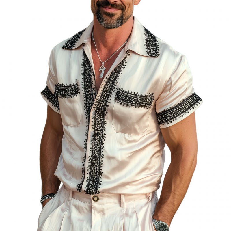 Men's Vintage Elegant Satin Lace Colorblock Patchwork Lapel Chest Pocket Slim Fit Short Sleeve Shirt MTA1570G9M