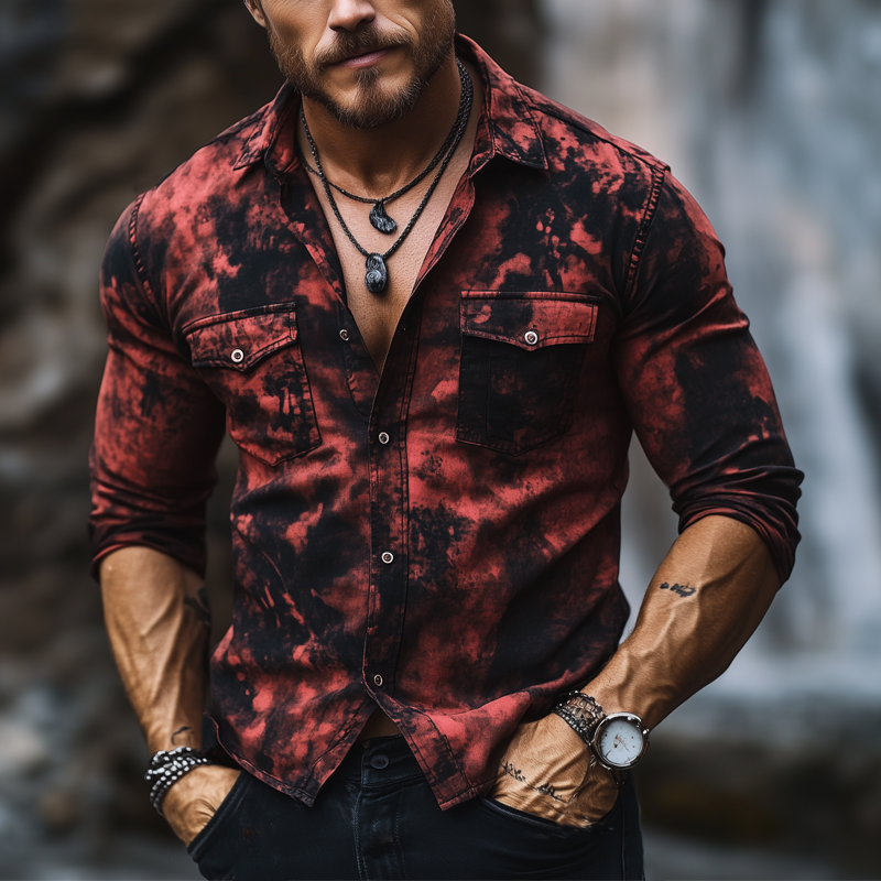 Men's Classic Black And Red Rendering Print Long Sleeve Shirt MTA0679H5U