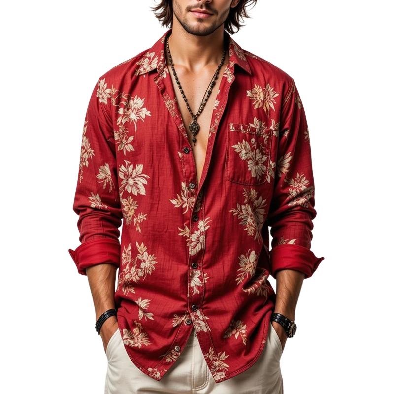 Men's Floral Lapel Long Sleeve Shirt MTA3038G2Z