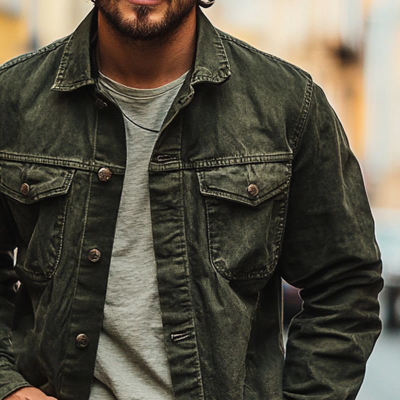 Men's Vintage Solid Color Washed Lapel Western Style Denim Jacket MTA1398I9X