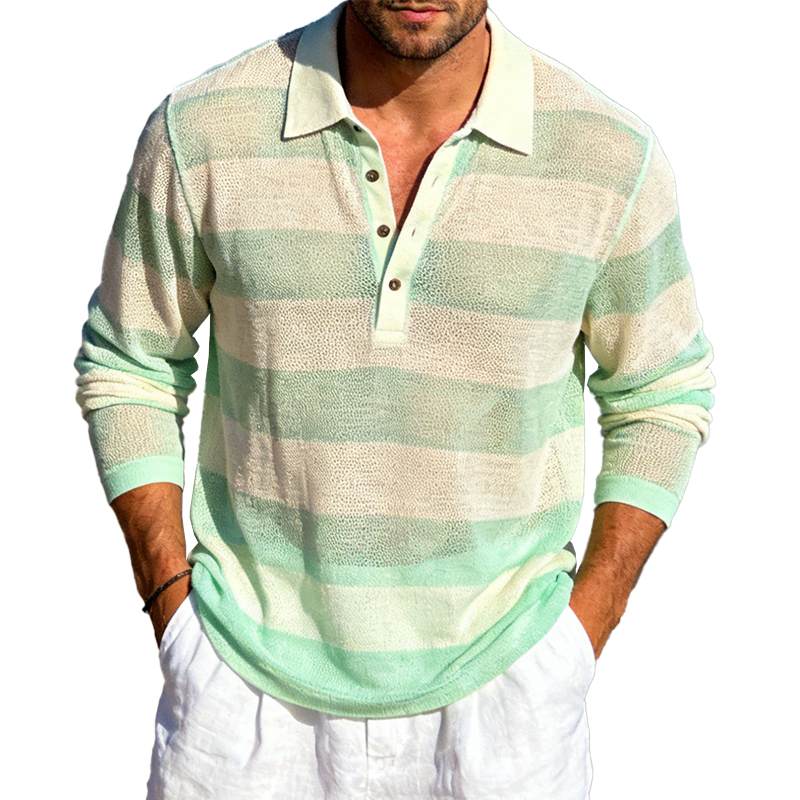 Men's Spring/Summer Fashion Cotton Yarn Knit Striped Long-Sleeve Polo Shirt MTZ1019B3P