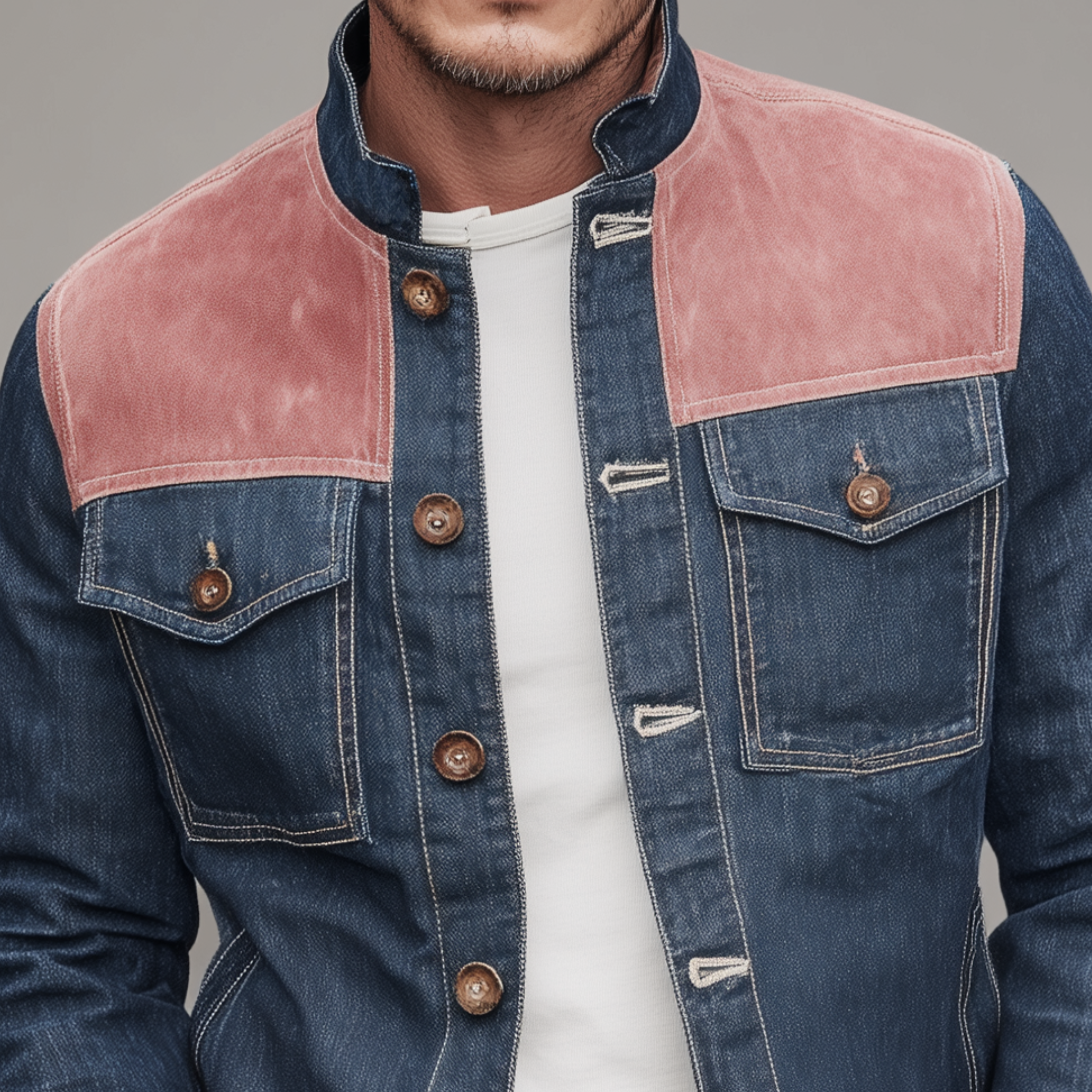 Men's Classic Casual Denim And Pink Suede Stand-up Collar Jacket MTA2657H7K