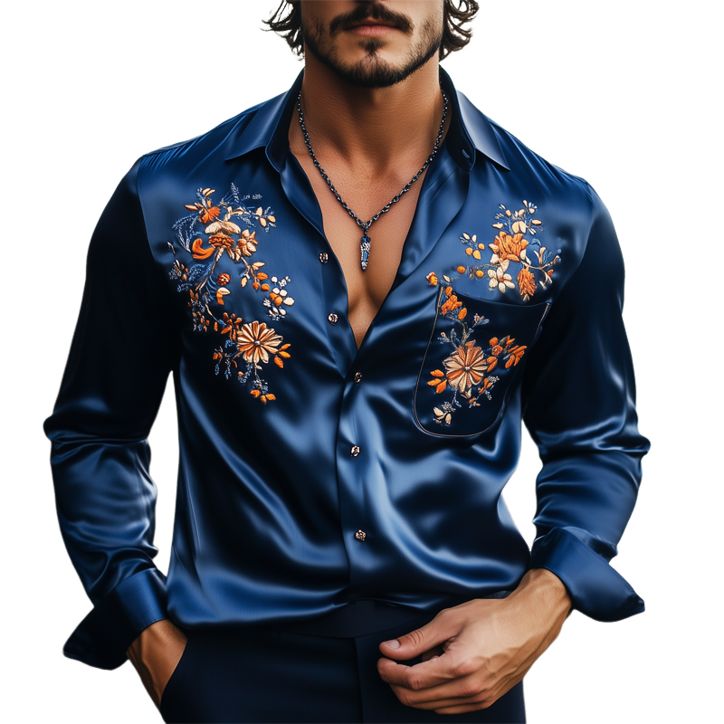 Men's Classic Satin Floral Embroidered Long Sleeve Shirt MTA3129G9U